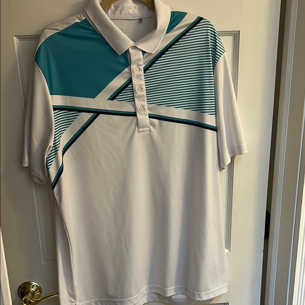 Men's White and Teal Polo Shirt